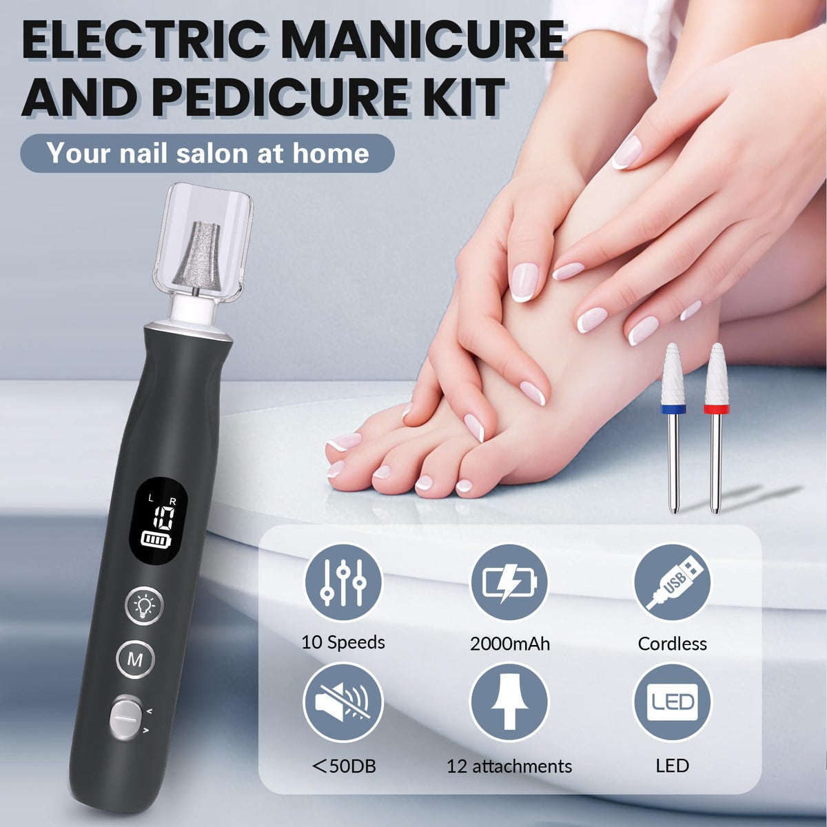 VFD cordless nail drill with battery pack shown for on-the-go pedicures