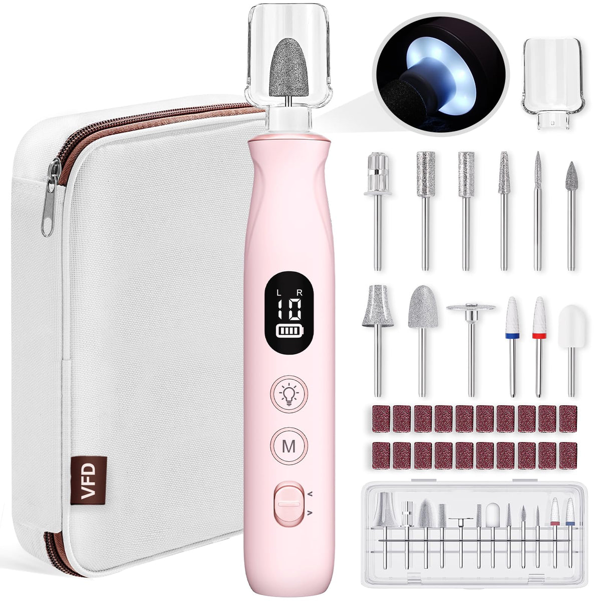 VFD electric nail drill with pink housing for precise filing and shaping at home.