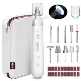 VFD electric nail file drill in silver, cordless operation for on-the-go nail care.
