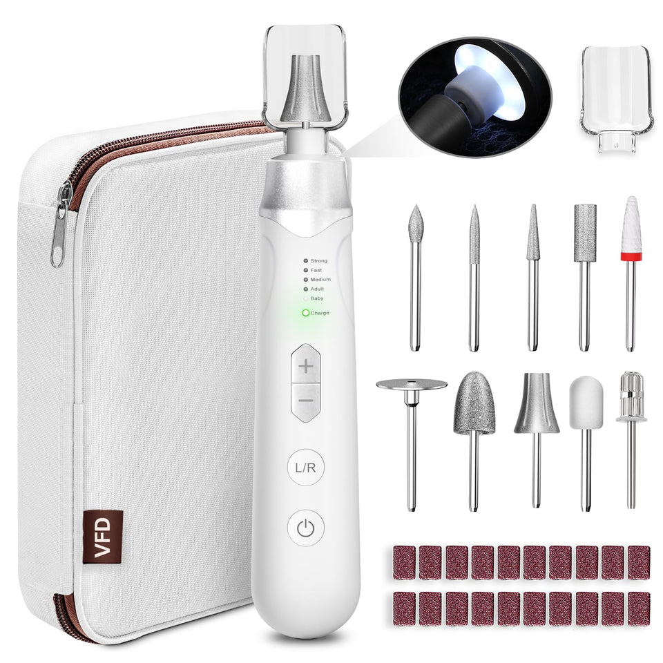 VFD electric nail file drill in silver, cordless operation for on-the-go nail care.