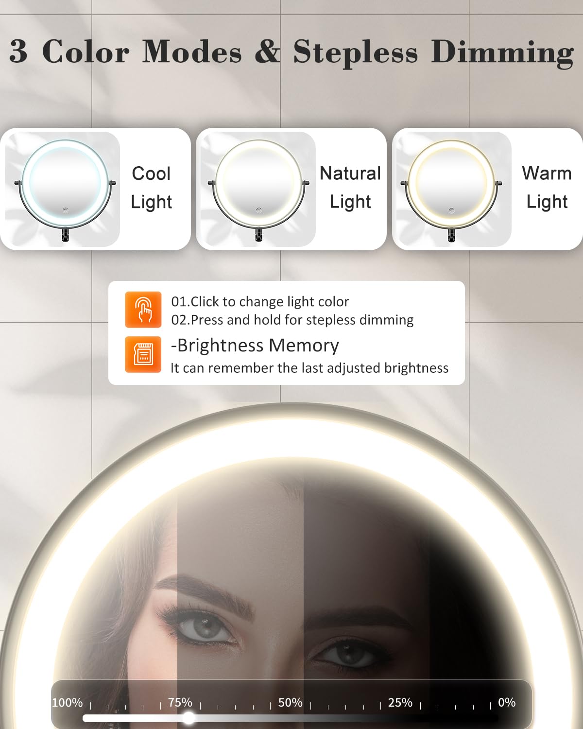 VFD makeup mirror with three color temperatures for true-to-tone makeup.