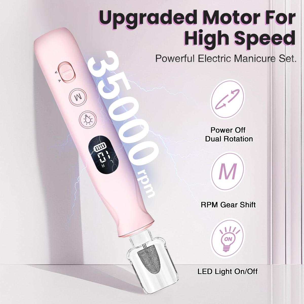 VFD nail drill offers 10-speed settings for tailored filing on thick nails.