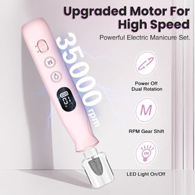 VFD nail drill offers 10-speed settings for tailored filing on thick nails.