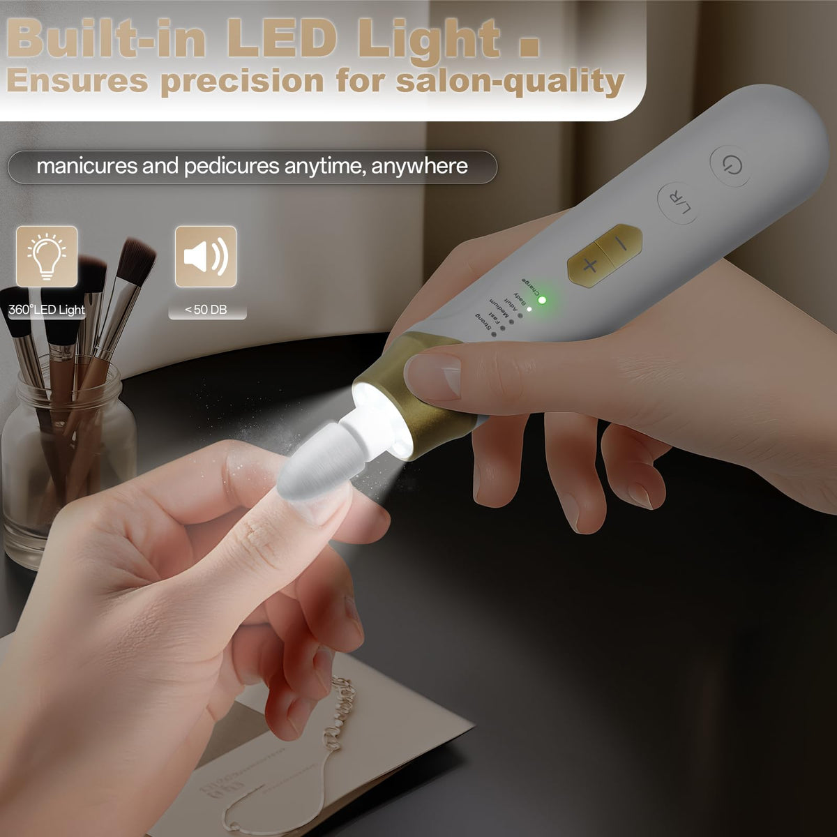 VFD nail drill with LED light for precise filing in any room.