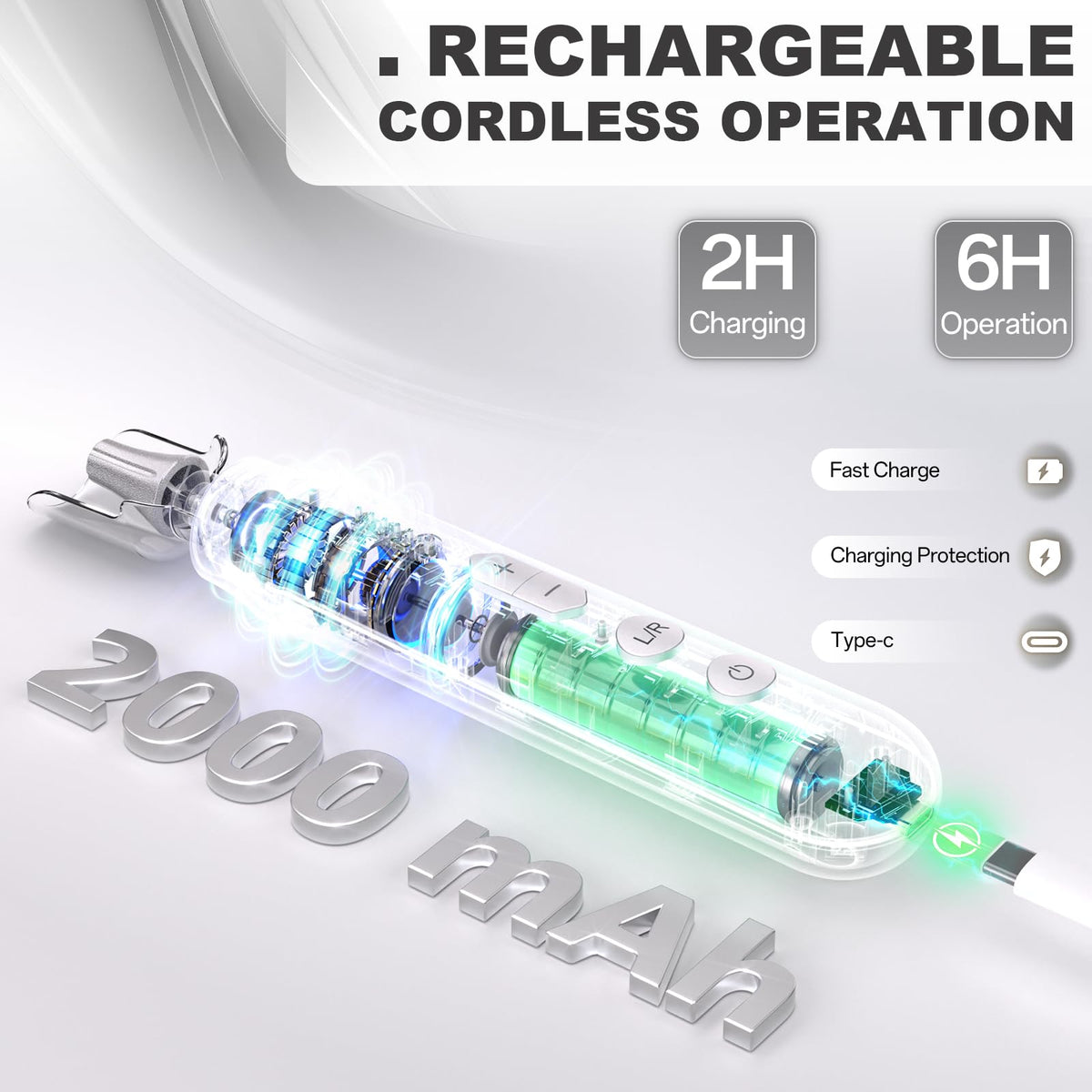 VFD rechargeable 2000mAh battery enables longer cordless sessions.