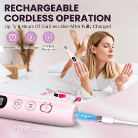 VFD rechargeable nail drill with 2000mAh battery for cordless operation during sessions.