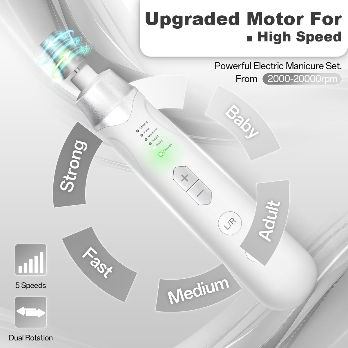 VFD speed dial close-up highlights five adjustable settings.