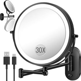VFD wall-mounted makeup mirror with 30x magnification and LED light for precise makeup.