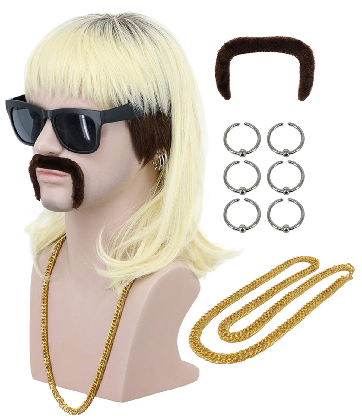 VGbeaty mullet wig for men on model with long curly black-root blonde hair