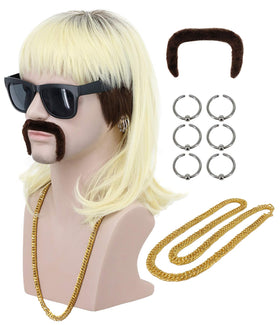 VGbeaty mullet wig for men on model with long curly black-root blonde hair