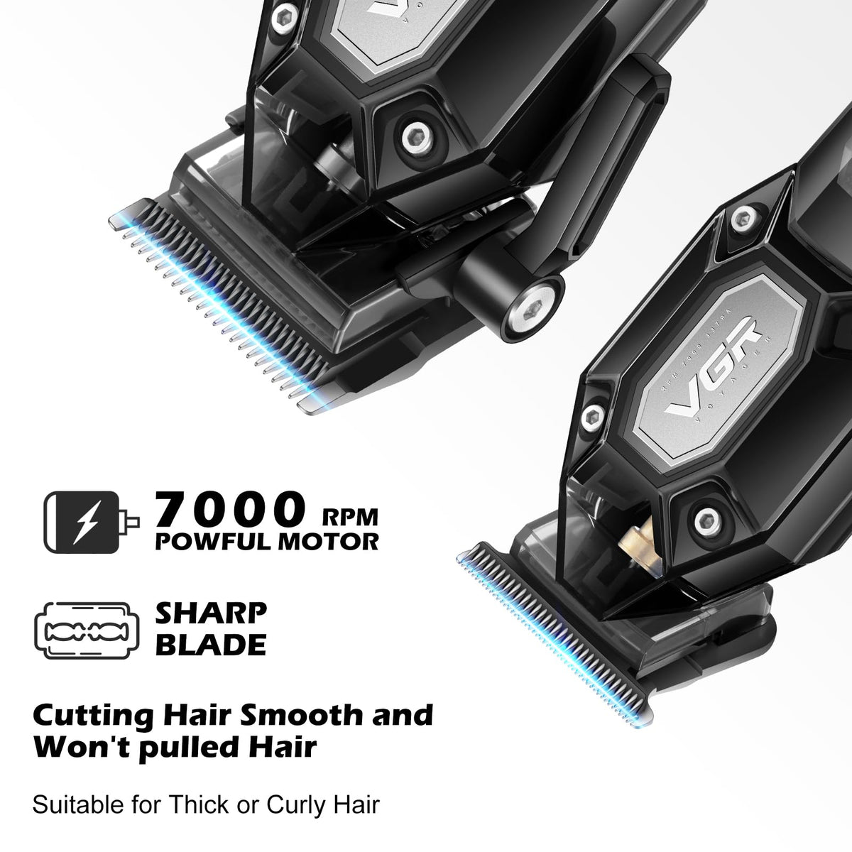 VGR clipper with LED display and transparent grip for battery monitoring and style