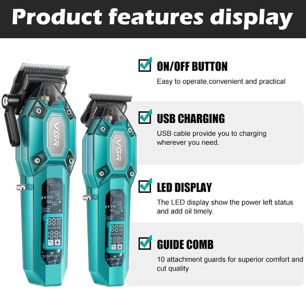 VGR clippers with transparent design showing internal mechanism.