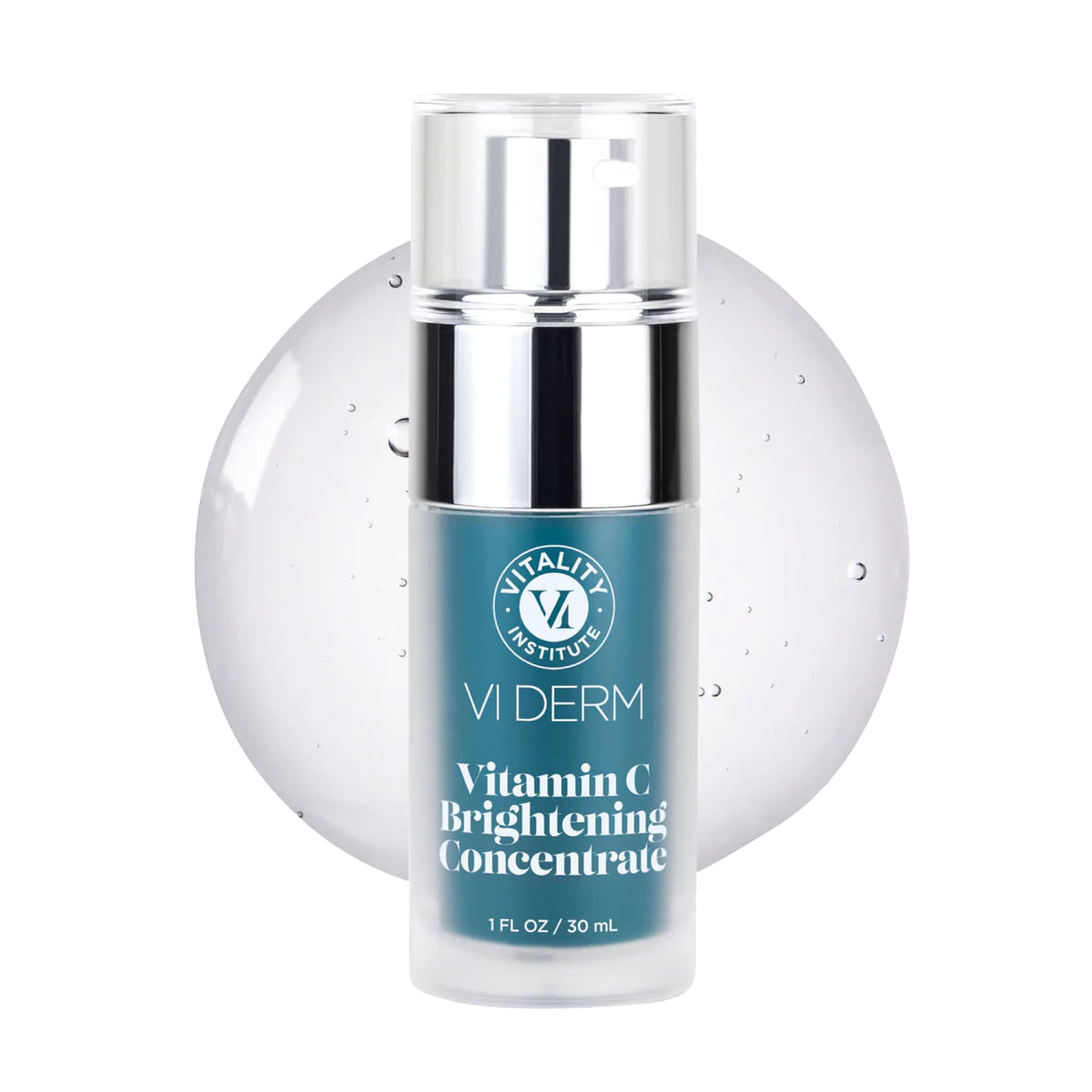 VI DERM Vitamin C Brightening Concentrate bottle with a radiant glow in the background