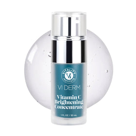 VI DERM Vitamin C Brightening Concentrate bottle with a radiant glow in the background