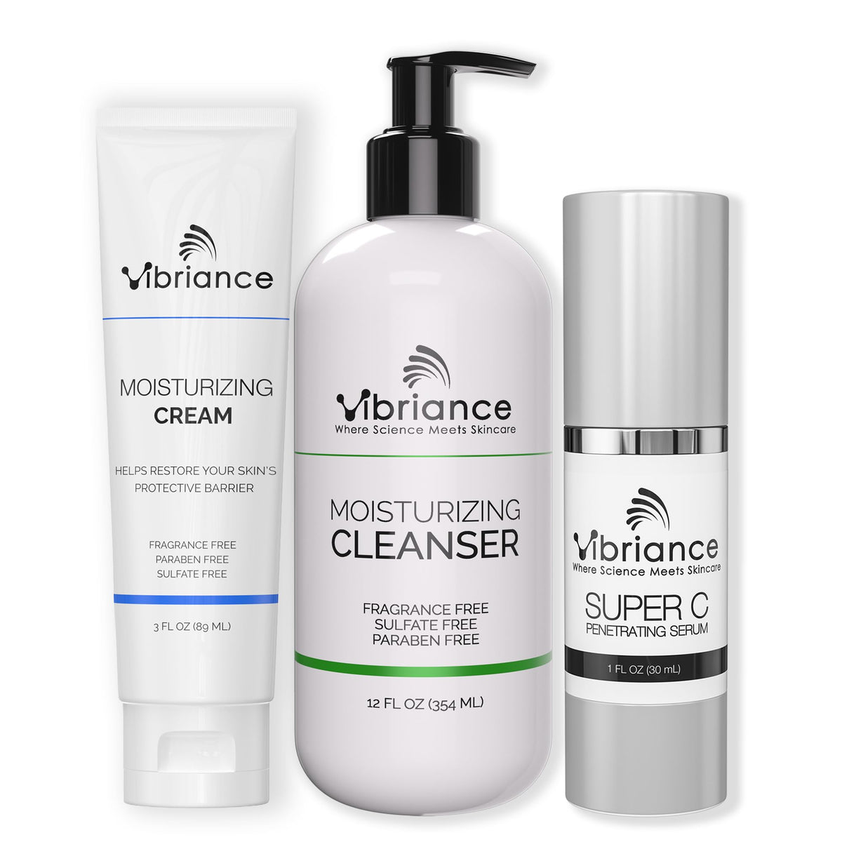 Vibriance bundle serum bottle highlights brightness for morning skincare.