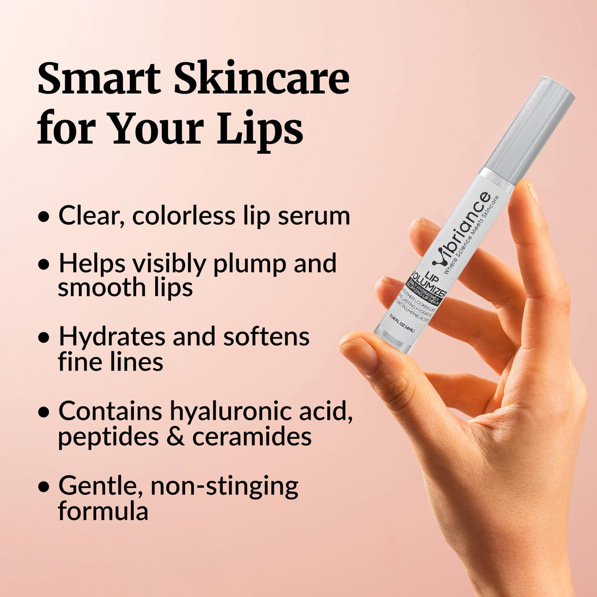 Vibriance Hydrating Lip Volumizer application on lips demonstrates instant plump look and smoothness.