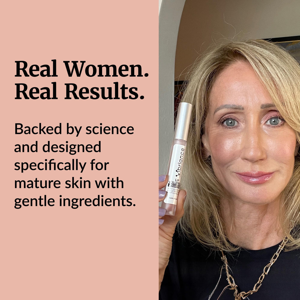 Vibriance Hydrating Lip Volumizer texture detail emphasizes nourishing ceramides and peptides for comfort.