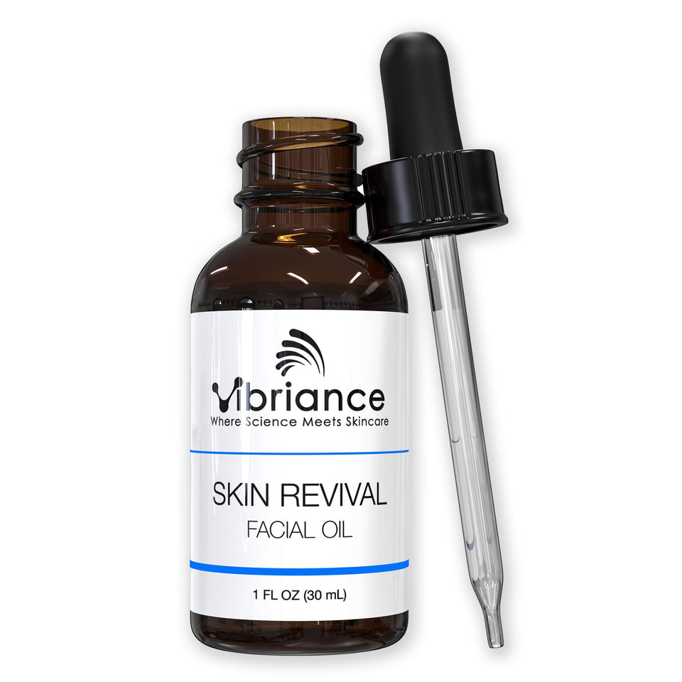 Vibriance Skin Revival Facial Oil bottle showing a hydrating formula for sensitive skin.