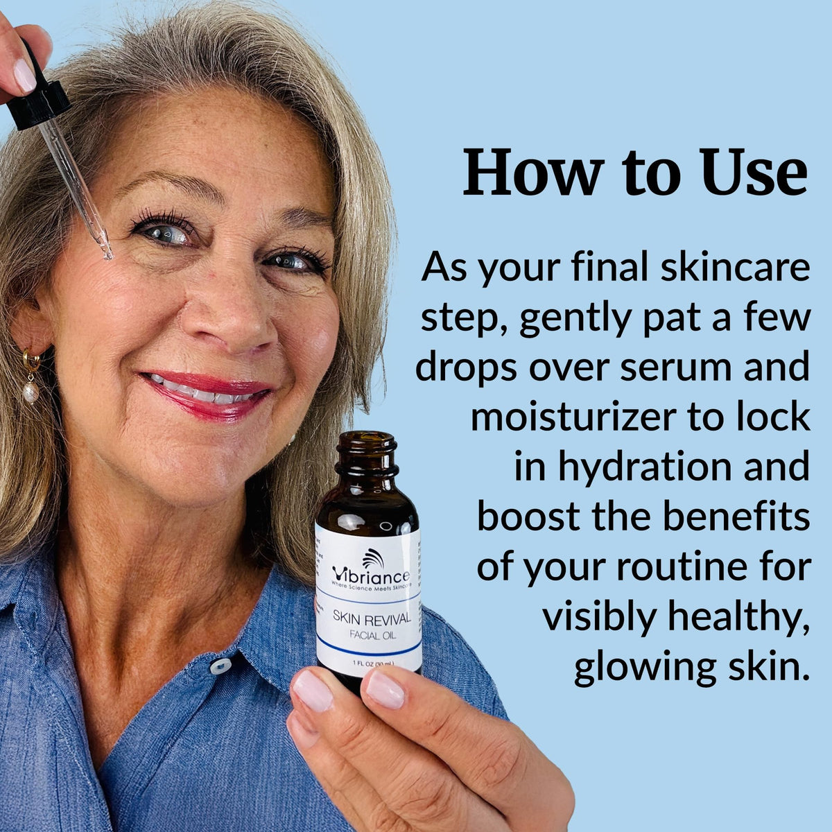 Vibriance Skin Revival Facial Oil bottle highlights camellia and sea buckthorn for nourishment.
