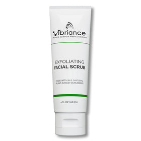 Vibriance Ultra-Gentle Face Scrub jar closeup showing creamy texture for gentle exfoliation.