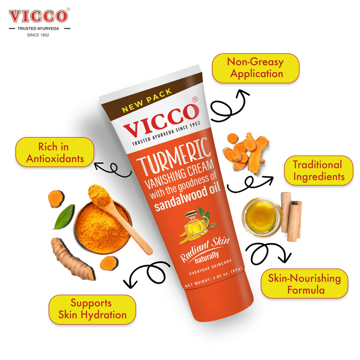 Vicco Turmeric Vanishing Cream designed for all skin types, lightweight and fast-absorbing