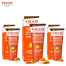 Vicco Turmeric Vanishing Cream with sandalwood oil highlighting natural ingredients