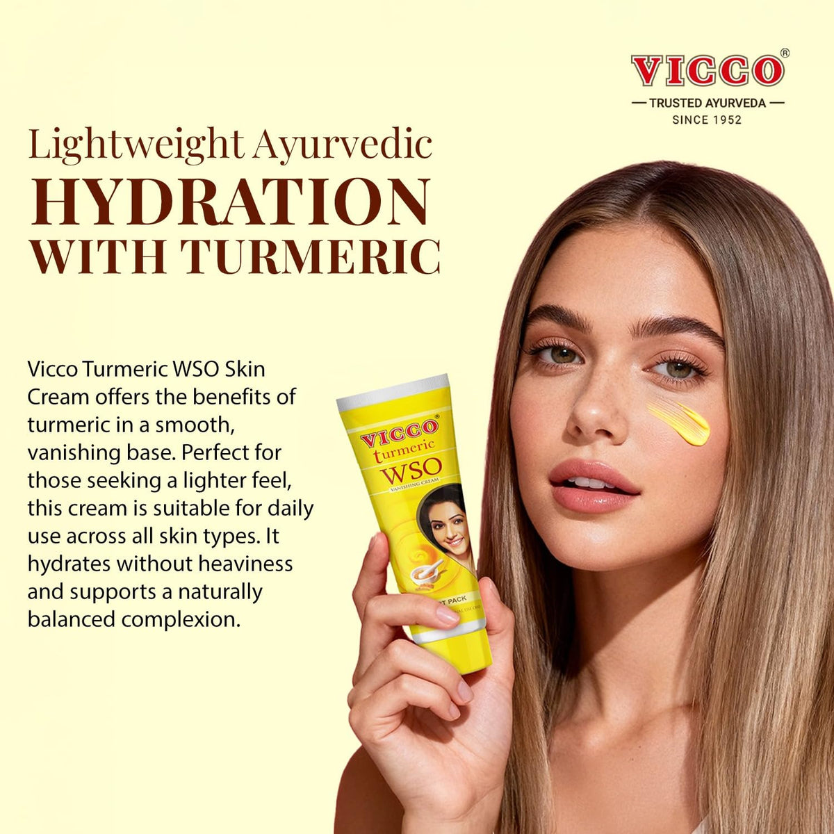Vicco Turmeric WSO vanishing-cream back label shows ingredients and tips.