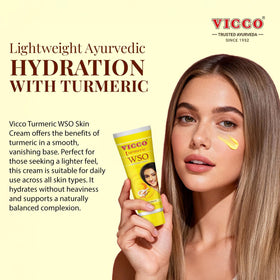 Vicco Turmeric WSO vanishing-cream back label shows ingredients and tips.