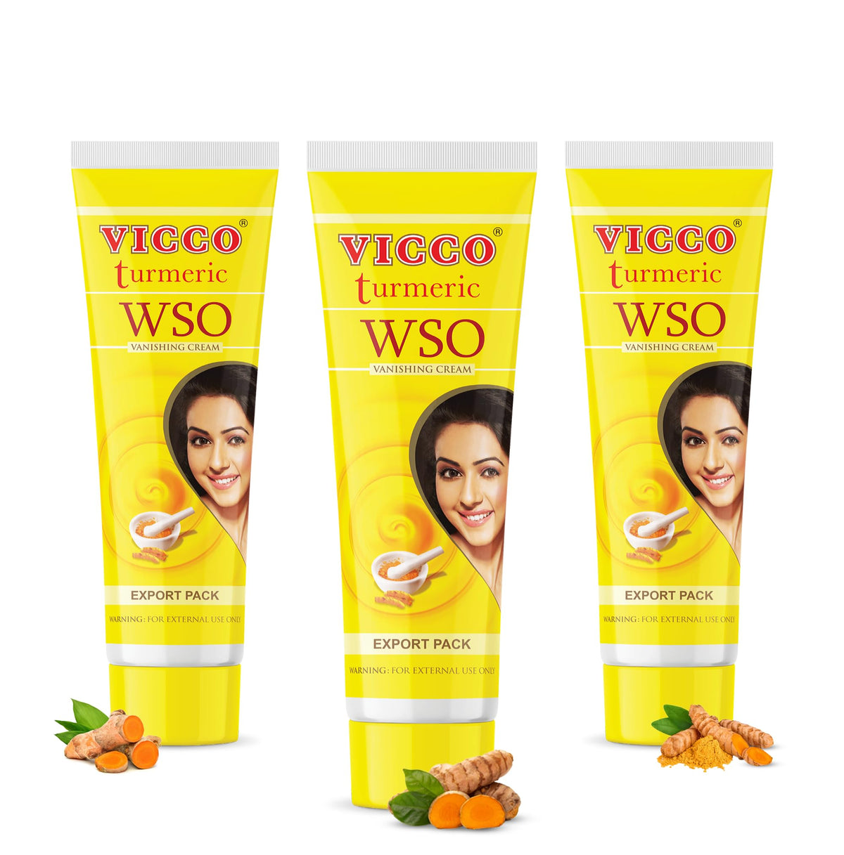 Vicco Turmeric WSO vanishing cream tubes in a 3-pack, ideal for daily skincare.