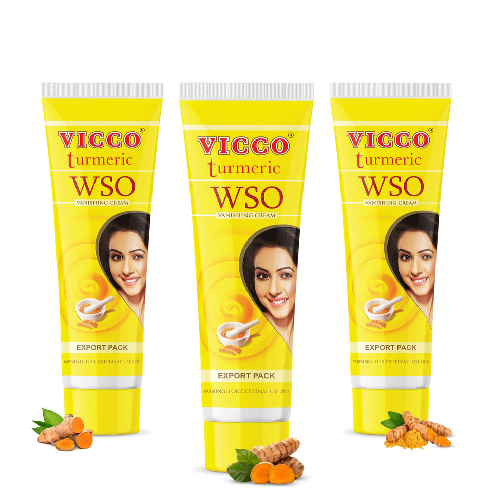 Vicco Turmeric WSO vanishing cream tubes in a 3-pack, ideal for daily skincare.