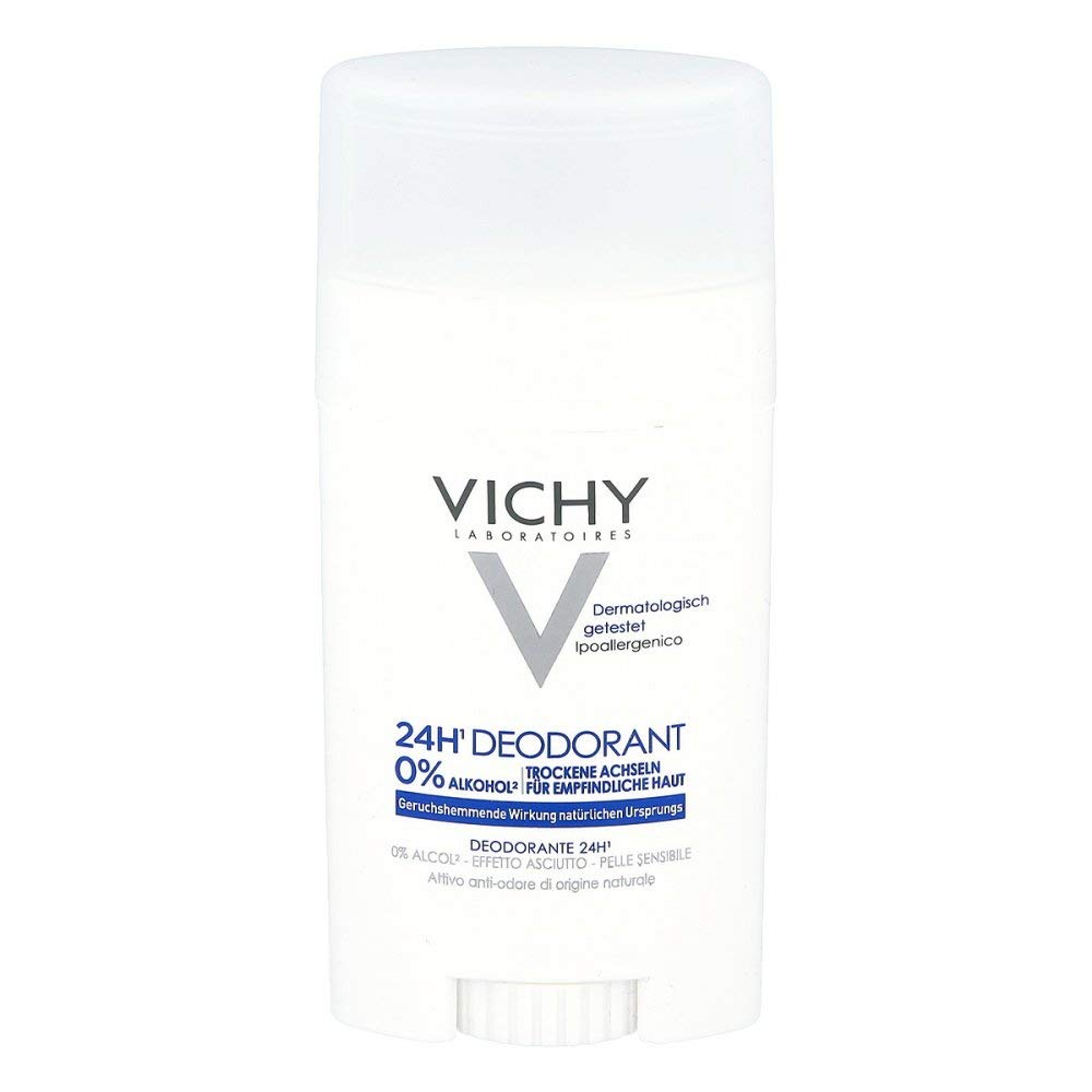 Vichy 24-Hour Dry-Touch deodorant stick shows aluminum-free formula for all-day freshness.
