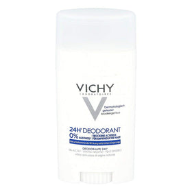 Vichy 24-Hour Dry-Touch deodorant stick shows aluminum-free formula for all-day freshness.
