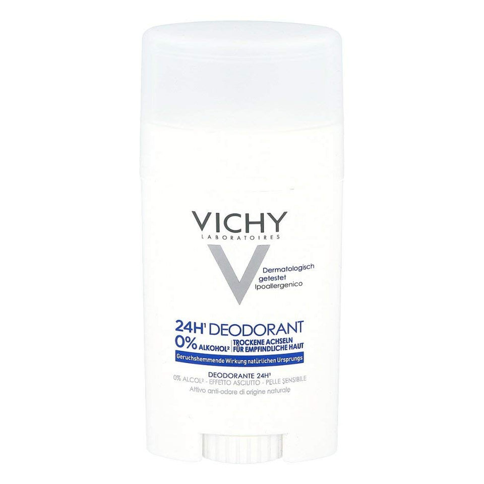 Vichy 24-Hour Dry-Touch deodorant stick shows aluminum-free formula for all-day freshness.