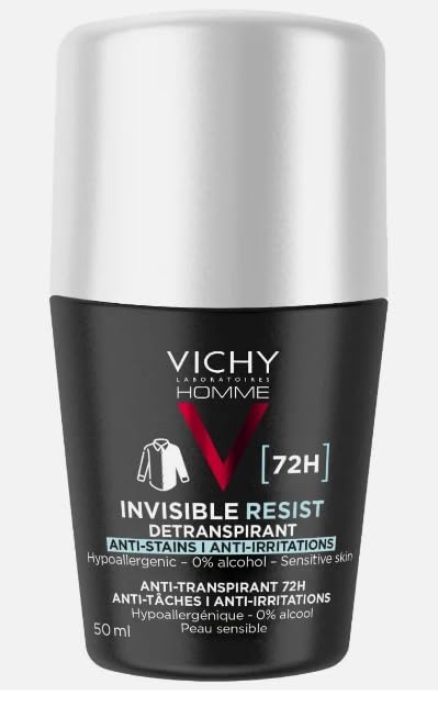 Vichy Homme Invisible Resist roll-on shows 72-hour protection with gentle skin comfort.