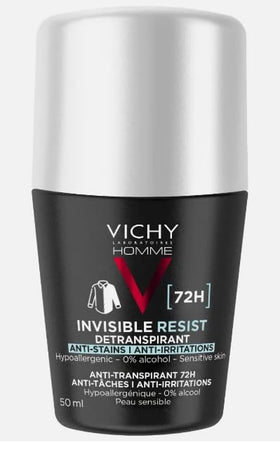 Vichy Homme Invisible Resist roll-on shows 72-hour protection with gentle skin comfort.