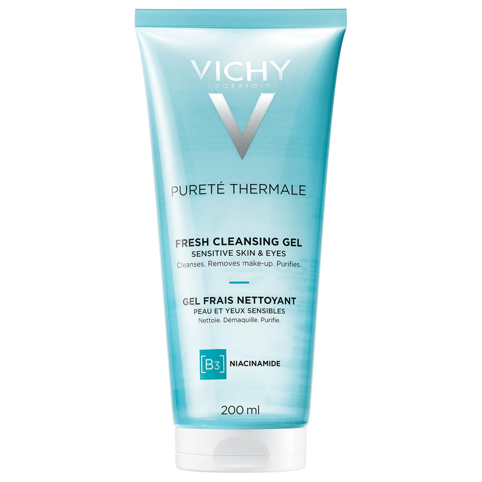 Vichy Pureté Thermale cleansing gel bottle close-up for gentle cleansing and makeup removal