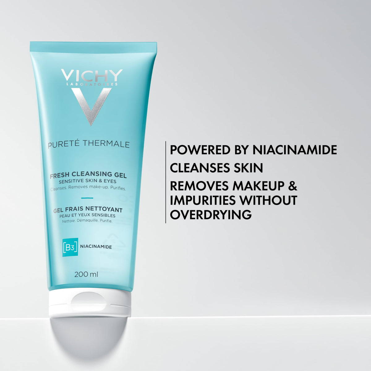 Vichy Pureté Thermale gel texture close-up highlighting a lightweight formula for sensitive skin
