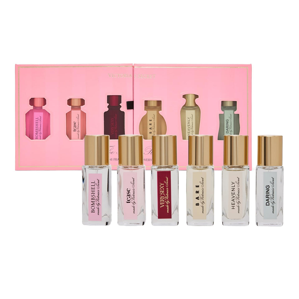 Victoria's Secret 6-piece fragrance discovery set front view, gift-ready presentation.