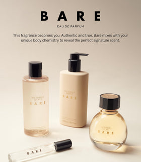 Victoria's Secret Bare fragrance notes graphic illustrating woody floral profile.