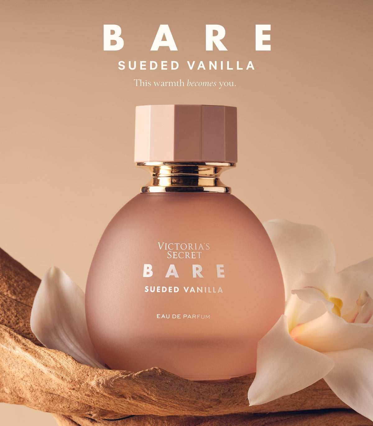Victoria's Secret Bare Sueded Vanilla label close-up with vanilla-sandalwood notes