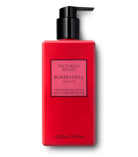 Victoria's Secret Bombshell Intense bottle close-up shows red peony detail.
