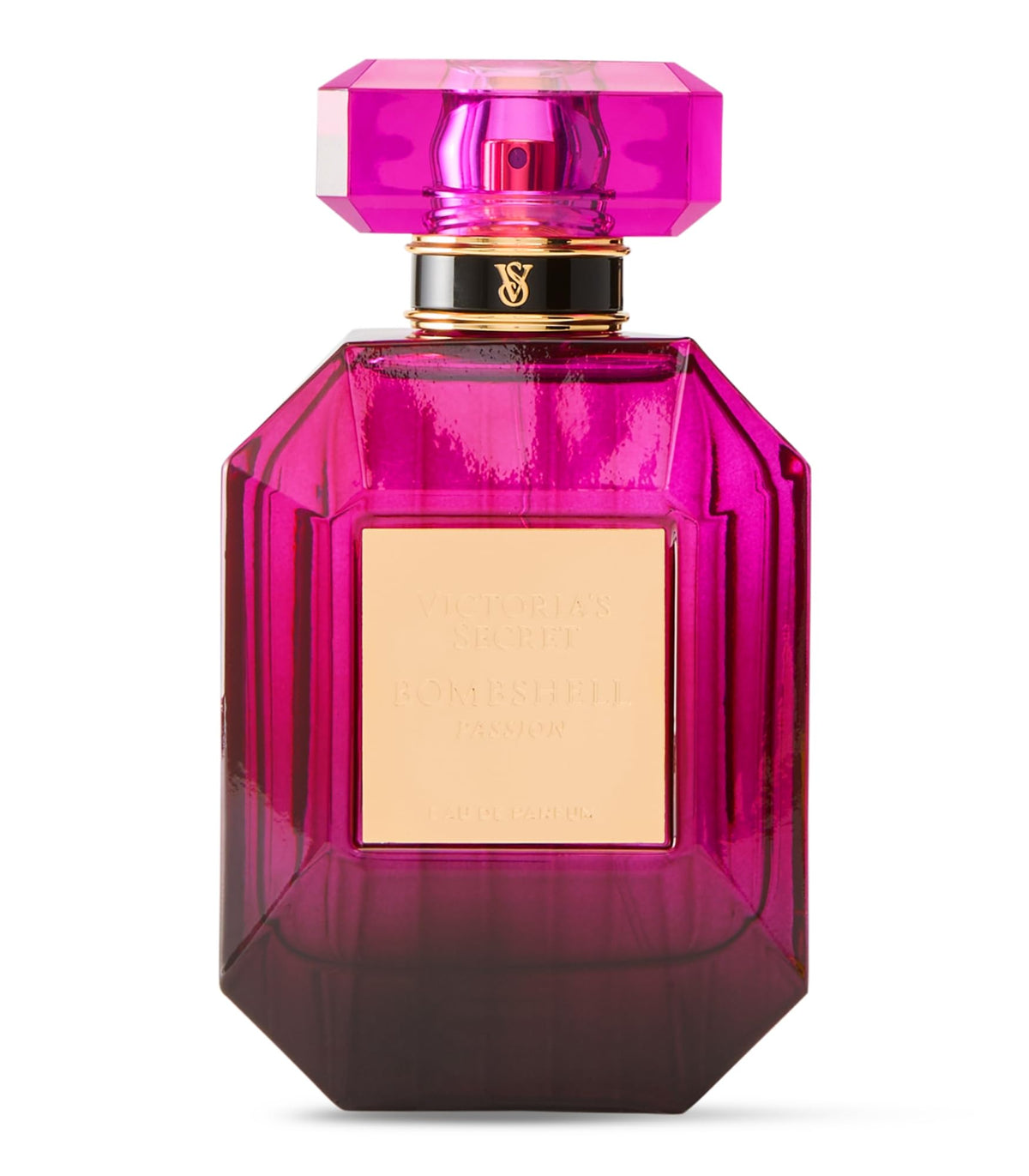Victoria's Secret Bombshell Passion bottle closeup, luxury glass and sparkling notes.