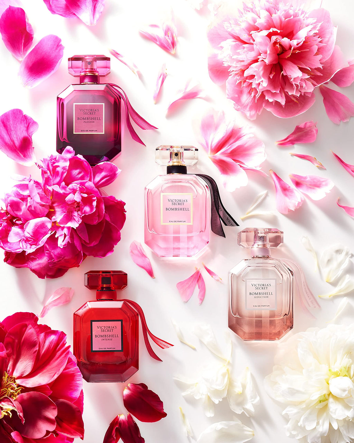 Victoria's Secret Bombshell Passion on vanity, quick daily perfume choice.