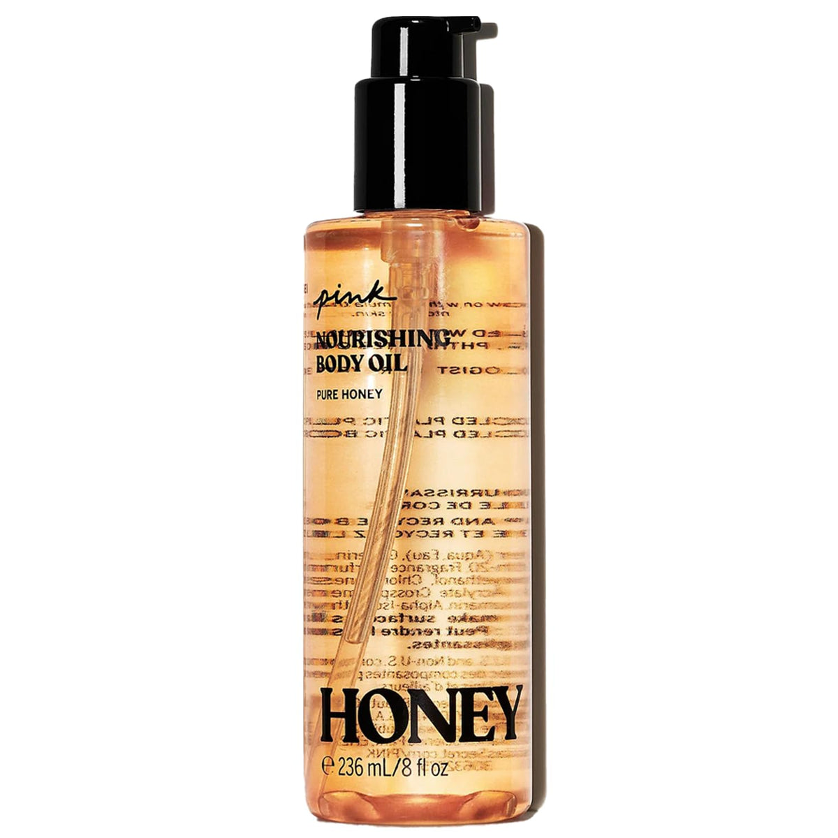 Victoria's Secret Pink Honey soothing body oil bottle pour showing smooth hydration after shower