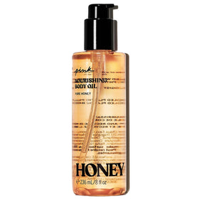 Victoria's Secret Pink Honey soothing body oil bottle pour showing smooth hydration after shower