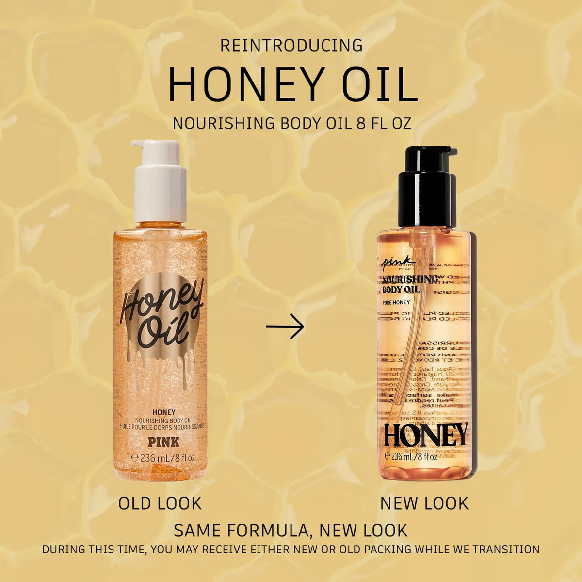 Victoria's Secret Pink Honey soothing body oil packaging closeup with dye-free formula and label