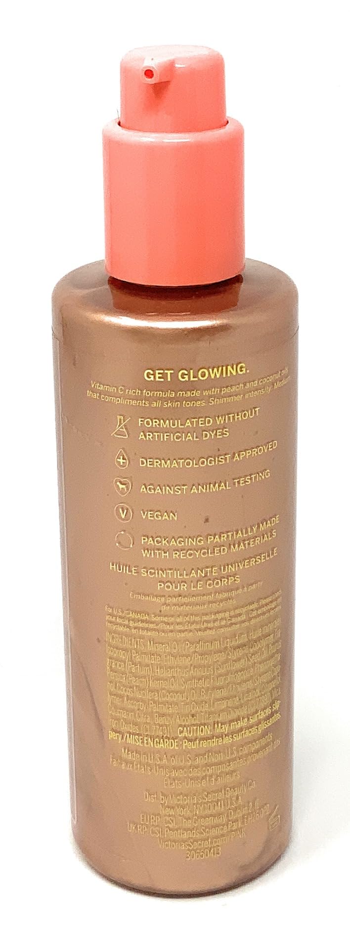 Victoria's Secret PINK Peach Highlighting Body Oil on skin for subtle shimmer
