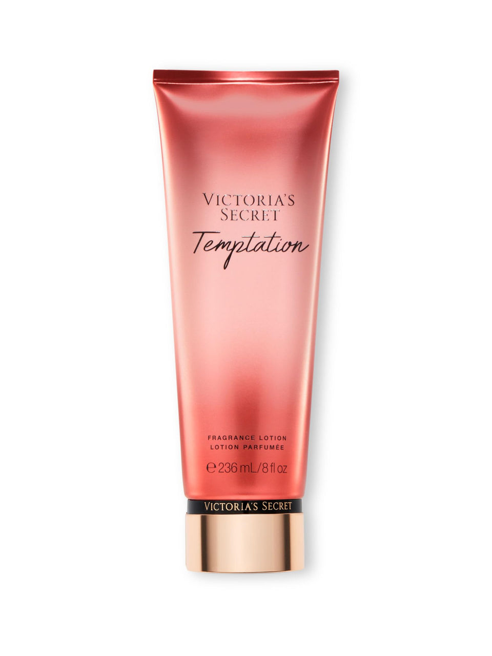 Victoria's Secret Temptation lotion bottle shows long-lasting fragrance for daily wear.