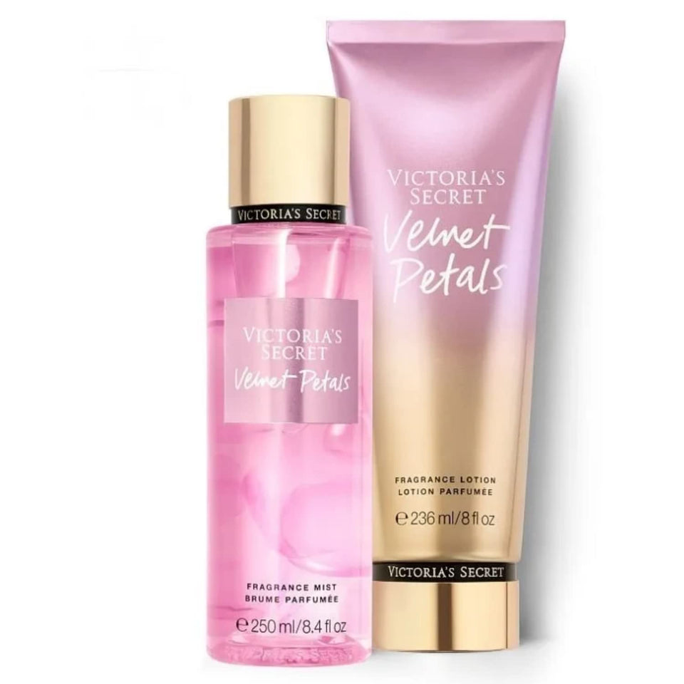 Victoria's Secret Velvet Petals fragrance mist and body lotion gift set for daily scent and hydration.