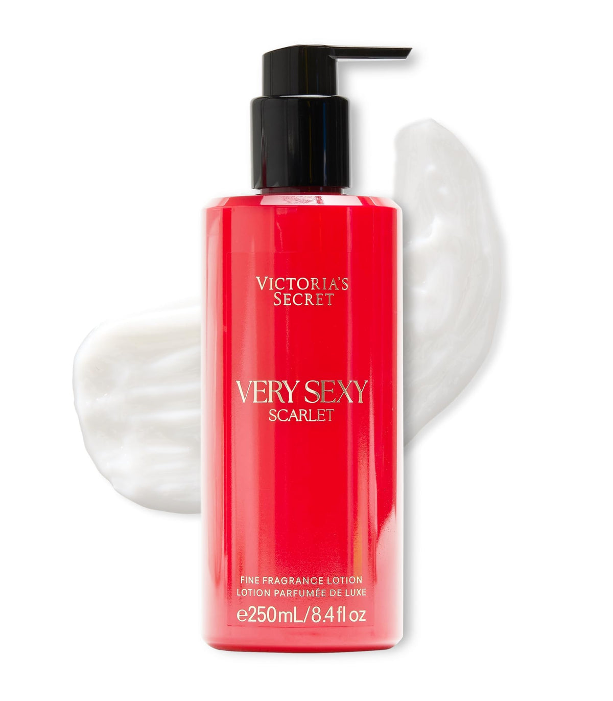 Victoria's Secret Very Sexy Scarlet lotion bottle front view; sleek packaging aids layering.